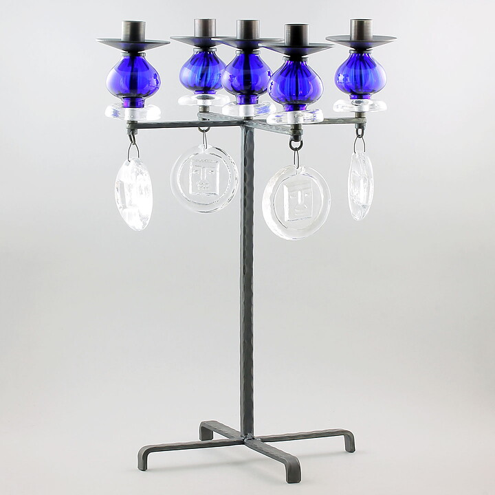 Erik Höglund (1960s) Metal Candleholder with 5 Arms and Blue/Clear Glass Details 49 cm SH51