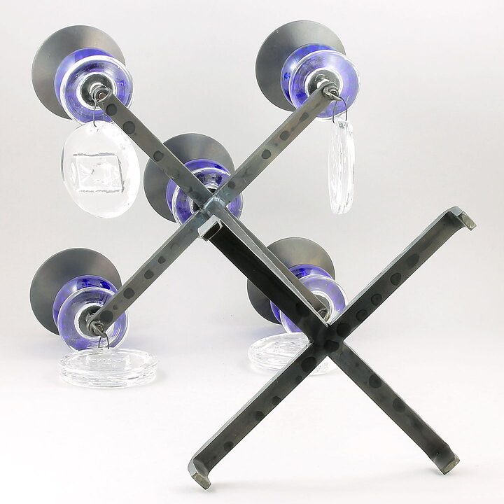Erik Höglund (1960s) Metal Candleholder with 5 Arms and Blue/Clear Glass Details 49 cm SH51