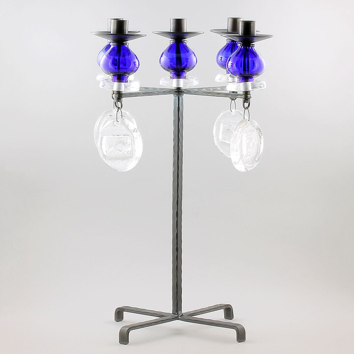 Erik Höglund (1960s) Metal Candleholder with 5 Arms and Blue/Clear Glass Details 49 cm SH51