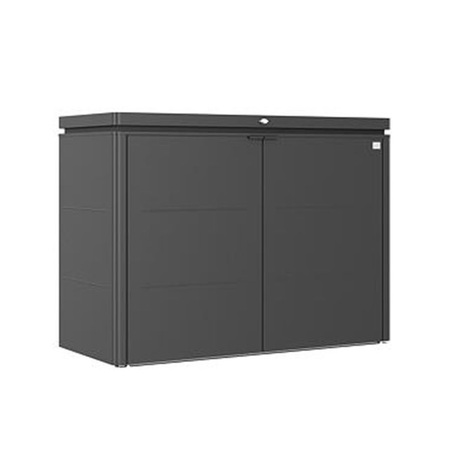 Mörkgrå förvaringslåda med öppningsbar sida och lock.