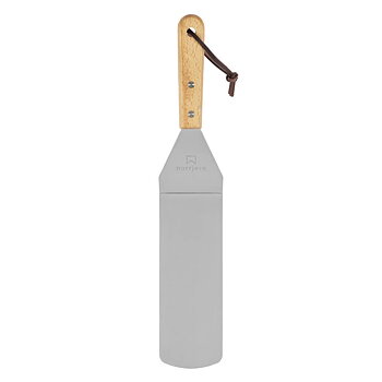  Ekstra lang stegespatel af blankpoleret rustfrit stål og træhåndtag, der passer perfekt til vores store stegebord i støbejern.
