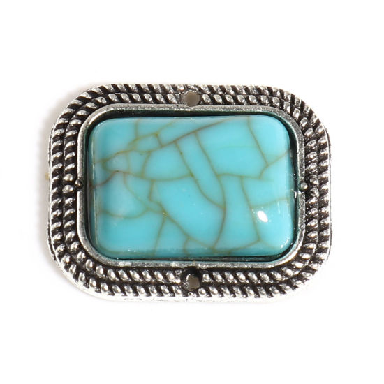 Charm / Connector -  Boho  Ractangle pattern silver blue