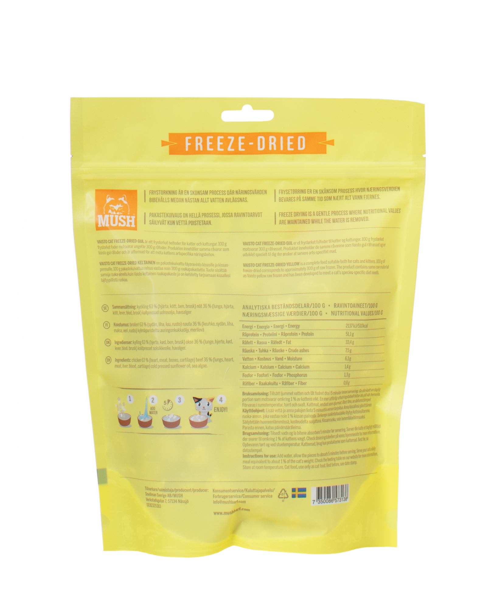 Mush Vaisto Freeze-Dried®  Gul Frystorkat Kattfoder - 250 g
