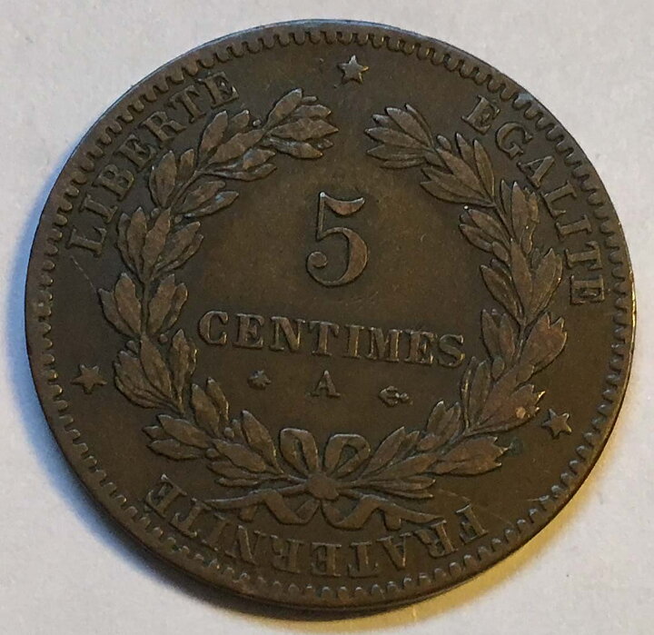 Frankrike 5 centimes 1877 A nära 1+