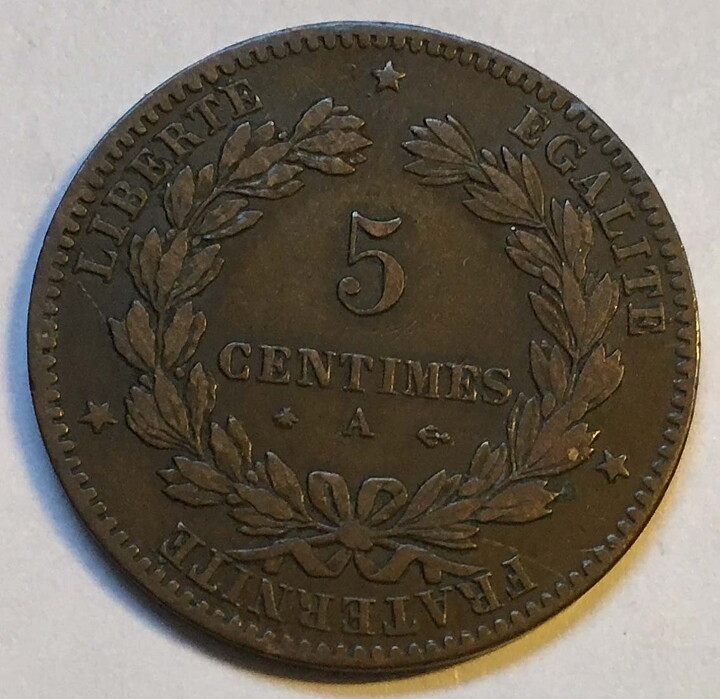 Frankrike 5 centimes 1877 A nära 1+