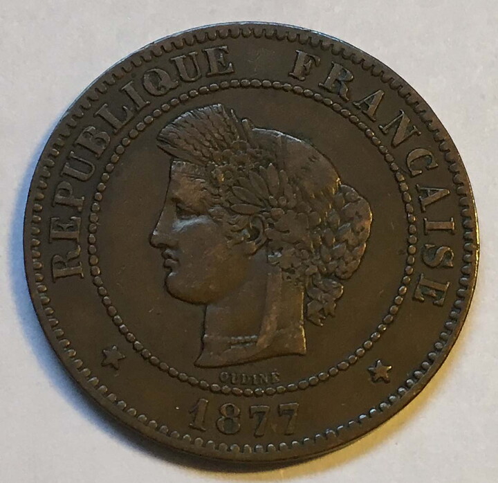 Frankrike 5 centimes 1877 A nära 1+