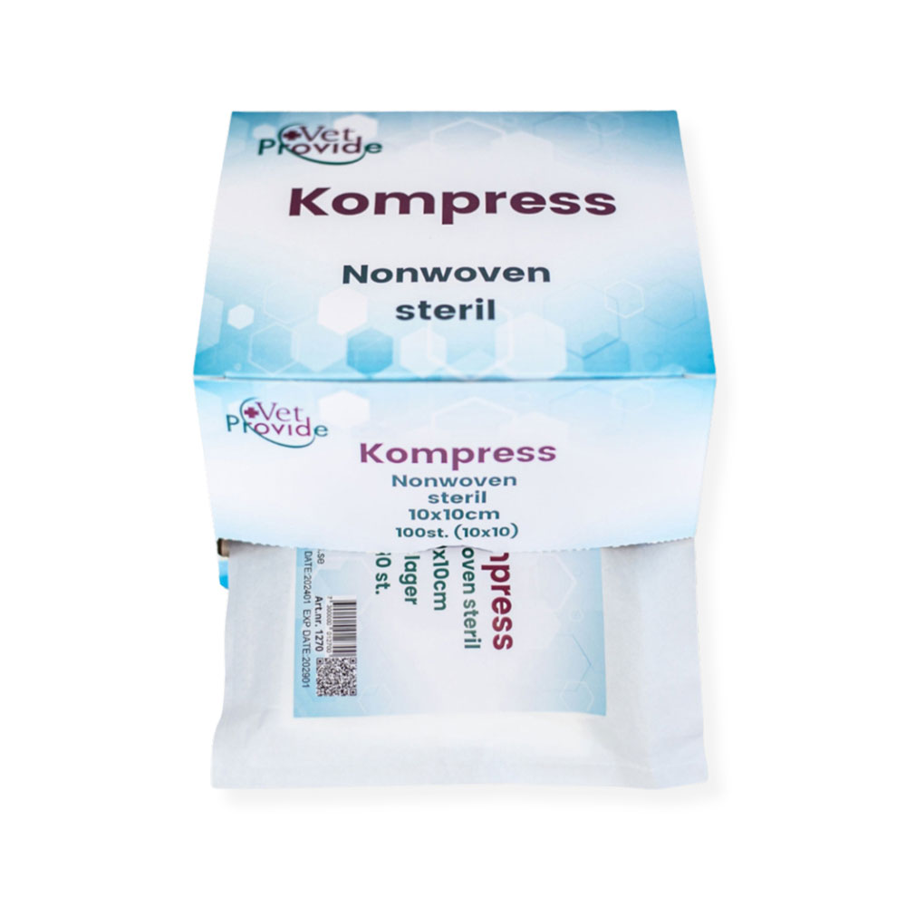 Geopende doos met een steriel sachet VetProvide niet-geweven kompressen.