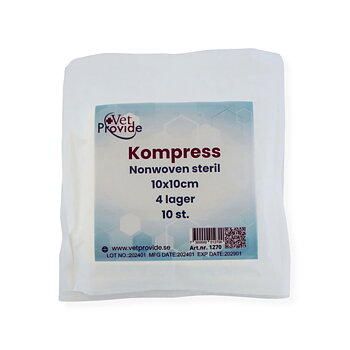 VetProvide sterile Vliesstoff-Kompresse 10x10 cm 4-lagig Beutel mit 10 Stück.