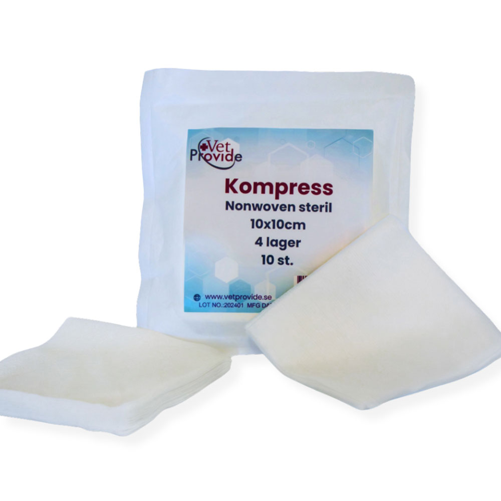 Geopend 10-pack sachet met losse 4-laags steriele niet-geweven kompressen.