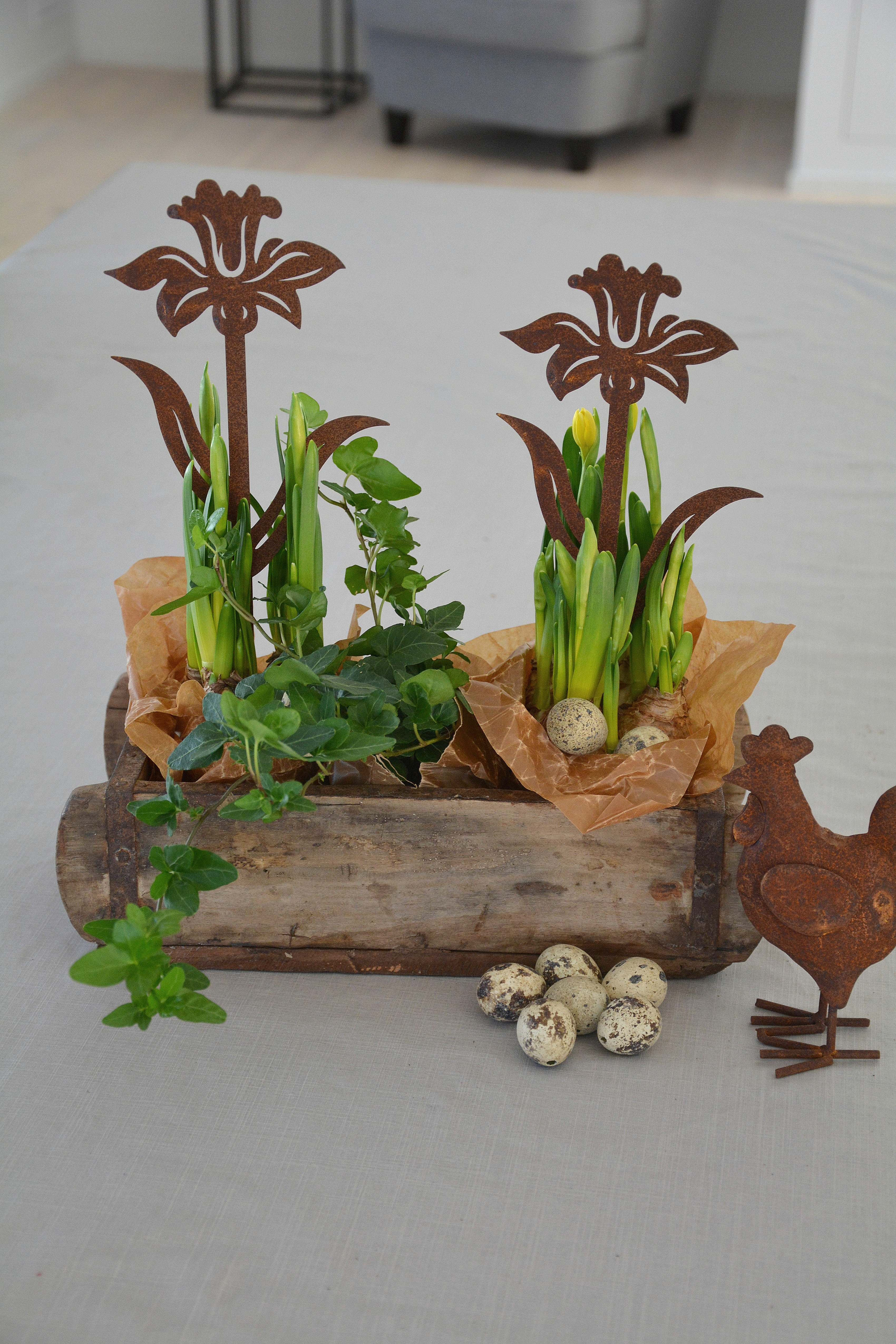 Påsklilja / Narciss i rostig plåt 30 cm. Sticks