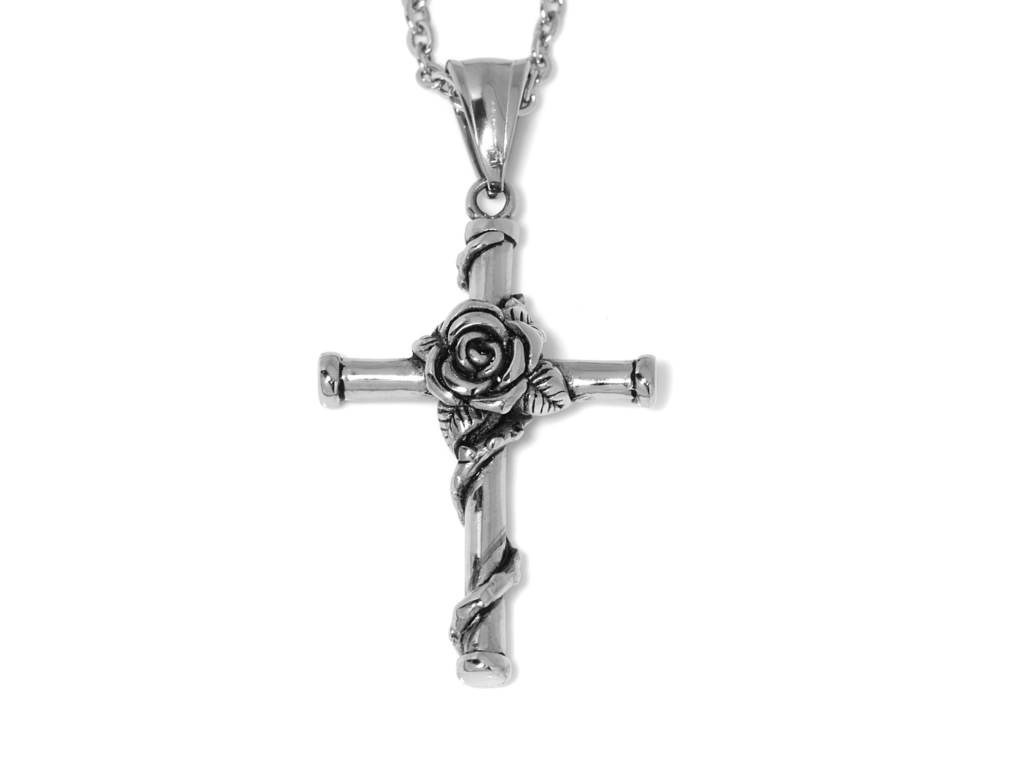 Ros Kors Halsband i Rostfritt Stål, Kristendom Hänge, Dop och Konfirmation Smycke - 2