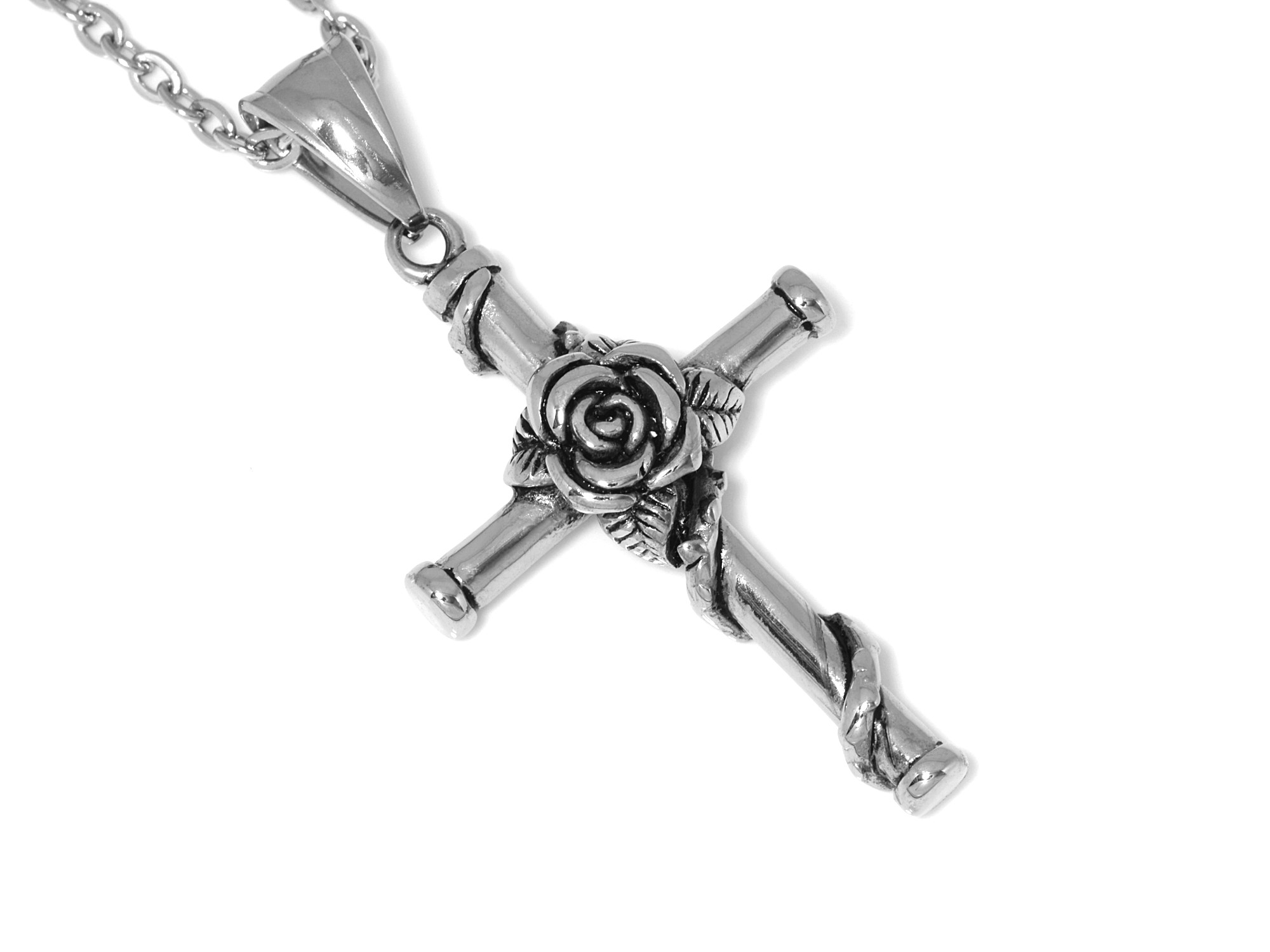 Ros Kors Halsband i Rostfritt Stål, Kristendom Hänge, Dop och Konfirmation Smycke