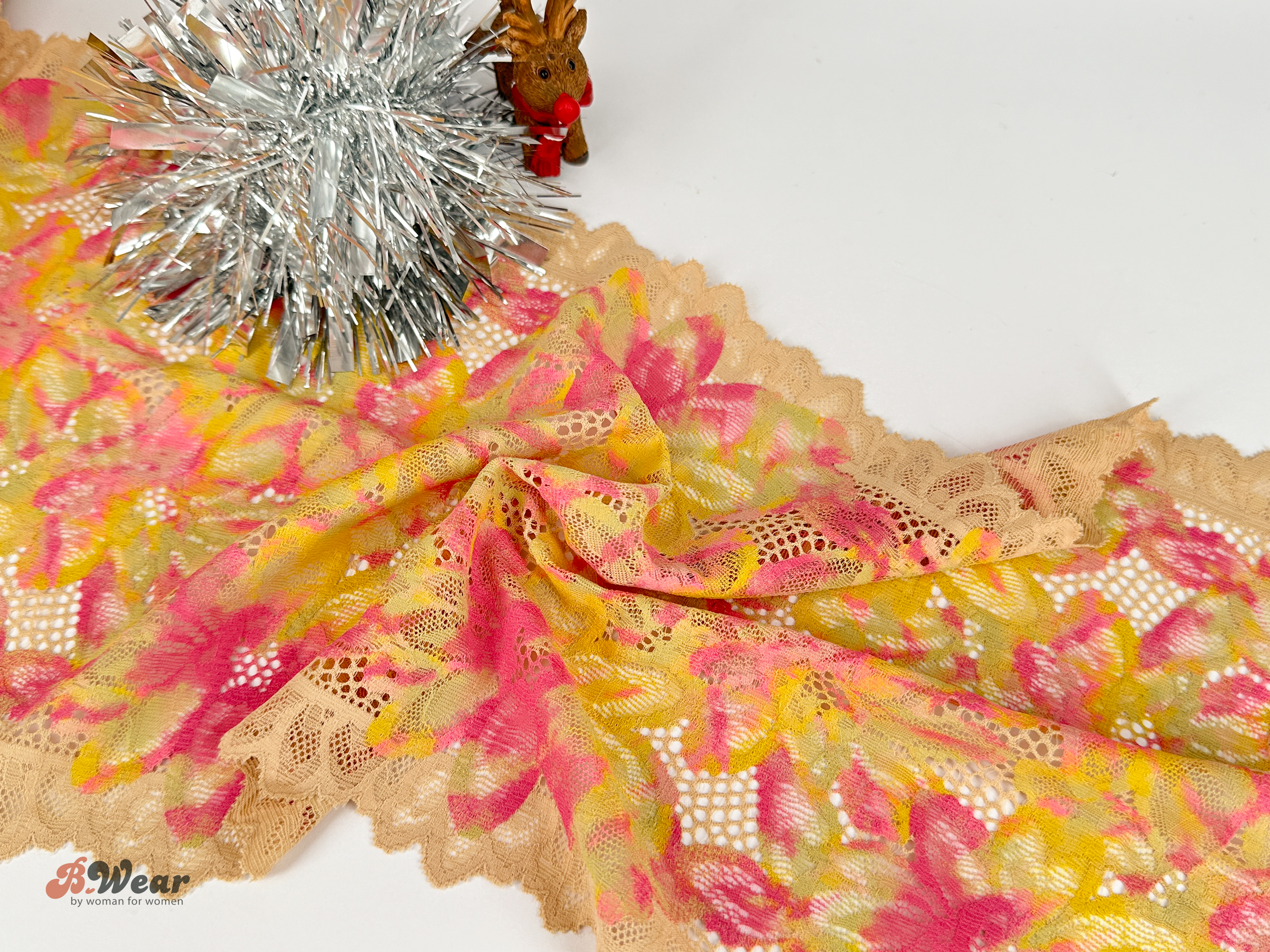 Stretch lace Beige with flowers in lovely colors - 23 cm