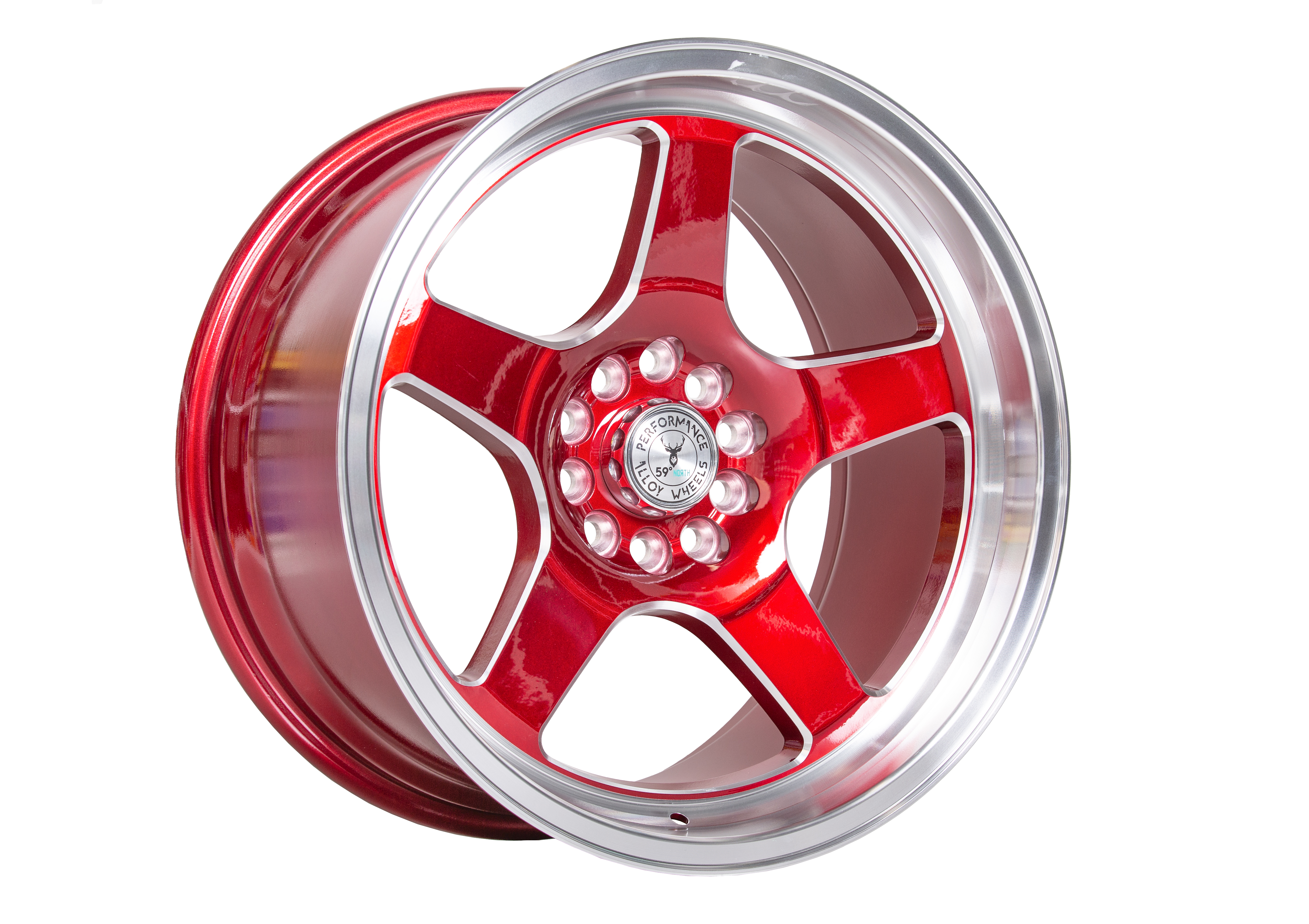 59°North Wheels D-004 9,5x18" ET20 5x114,3/5x120 Candyröd/champer/polerad läpp