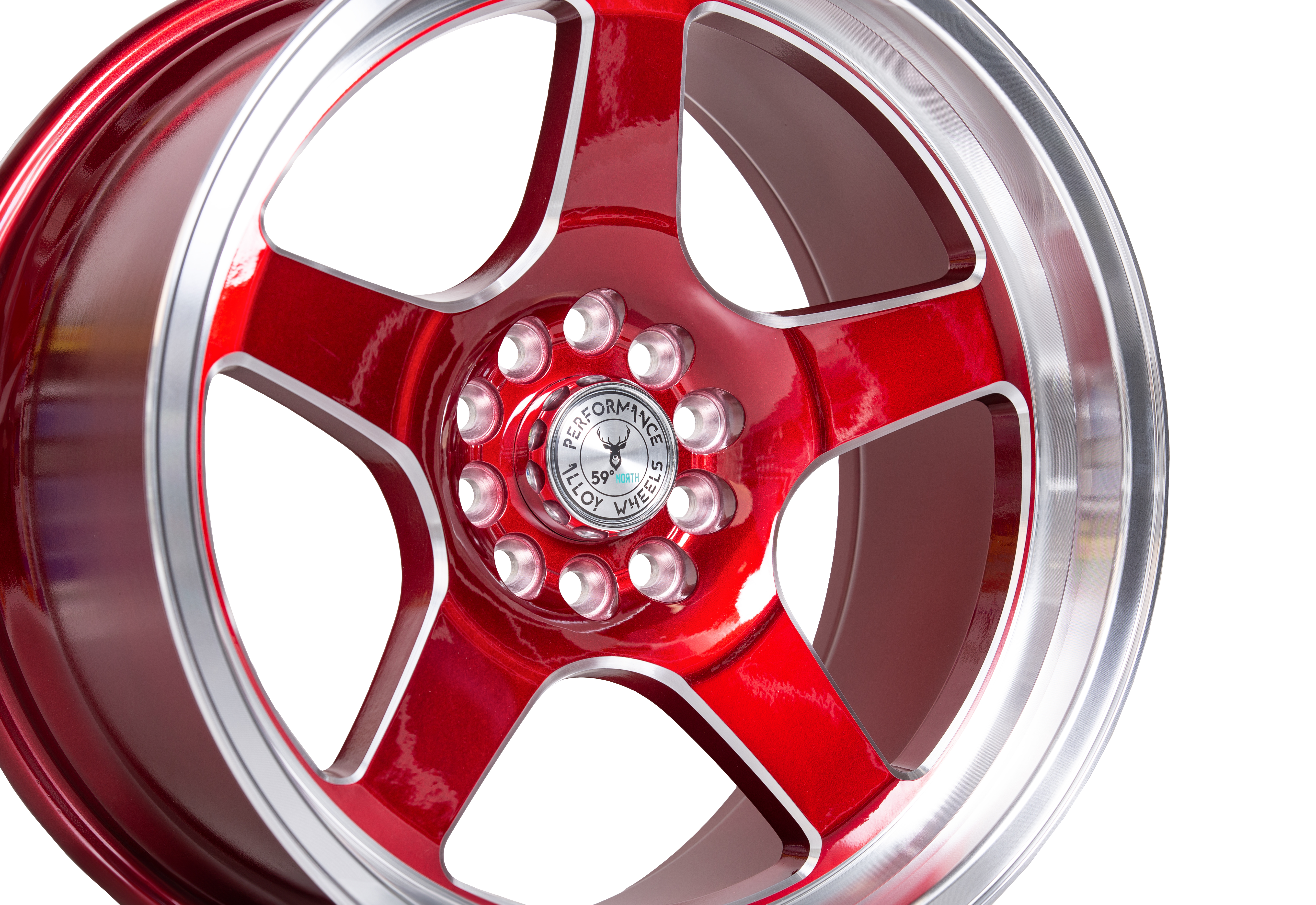 59°North Wheels D-004 9,5x18" ET20 5x114,3/5x120 Candyröd/champer/polerad läpp - 2