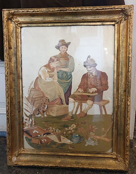 Embroidered and woven painting 19th century Tyrol gold frame