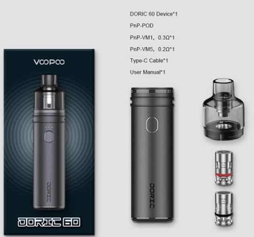 visar vad ingår i voopoo 60 startpaket, natteri, tank och två stycken coils.
