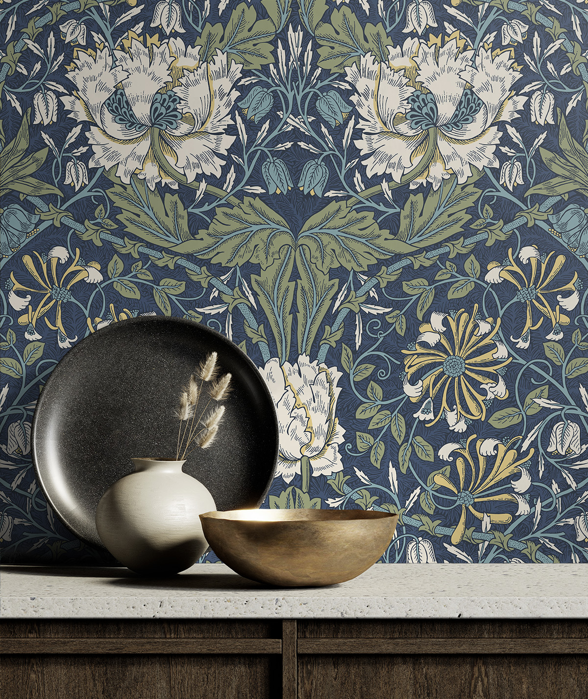 Ogee Flora (Indigo Dye & Sage) - Självhäftande Tapet - NW48202 - 2