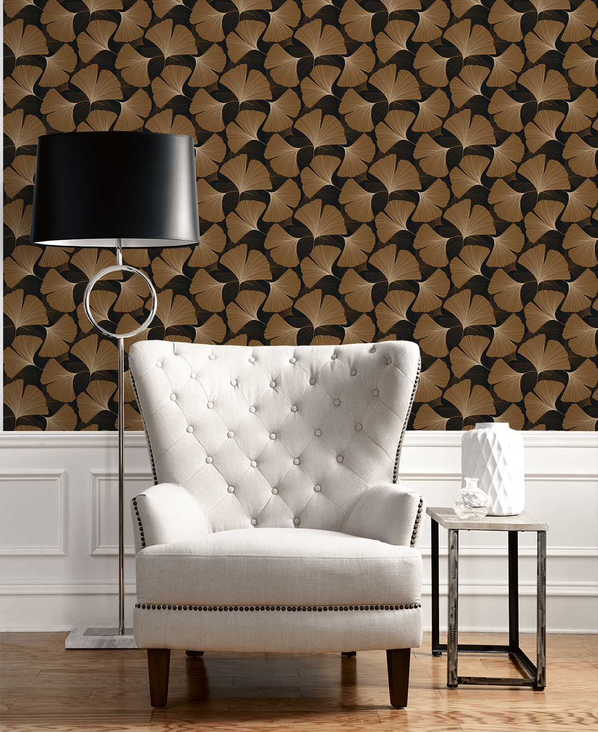 Tossed Ginkgo Leaf (Ebony & Metallic Copper) - Självhäftande Tapet - NW52206 - 2