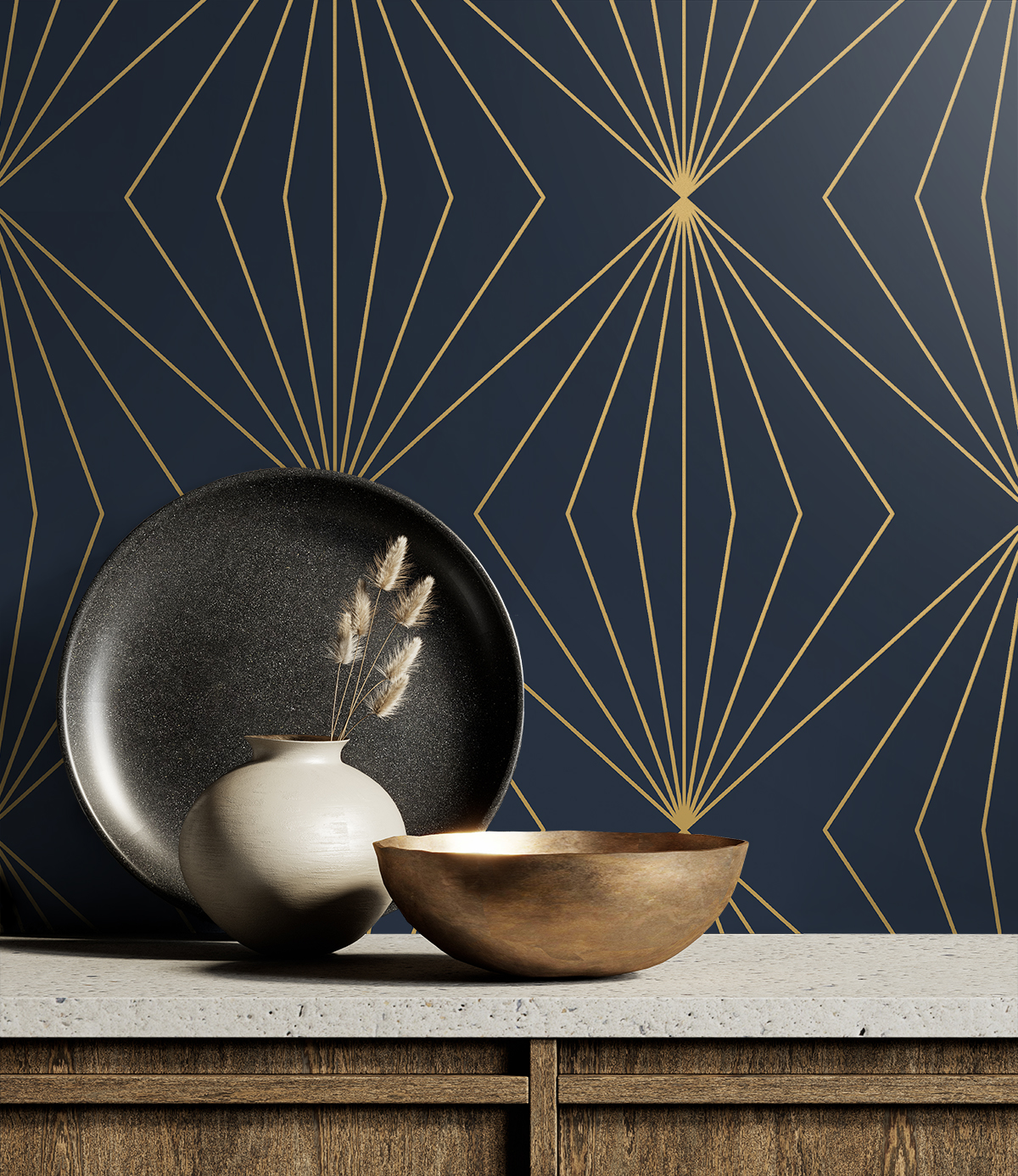 Gem Geometric (Dark Blue & Metallic Gold) - Självhäftande Tapet - NW53102 - 2