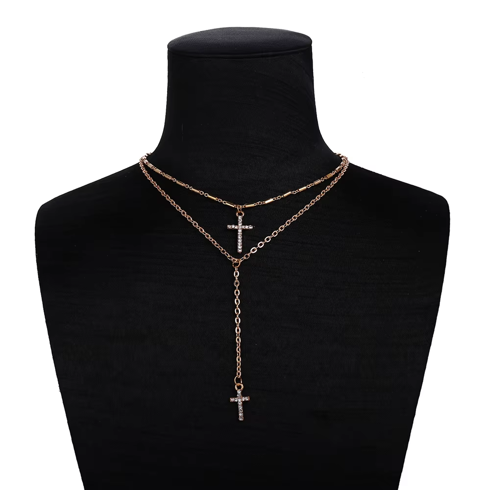 Halsband "Double Cross" med kristaller och i 18K Guldplätering - 3