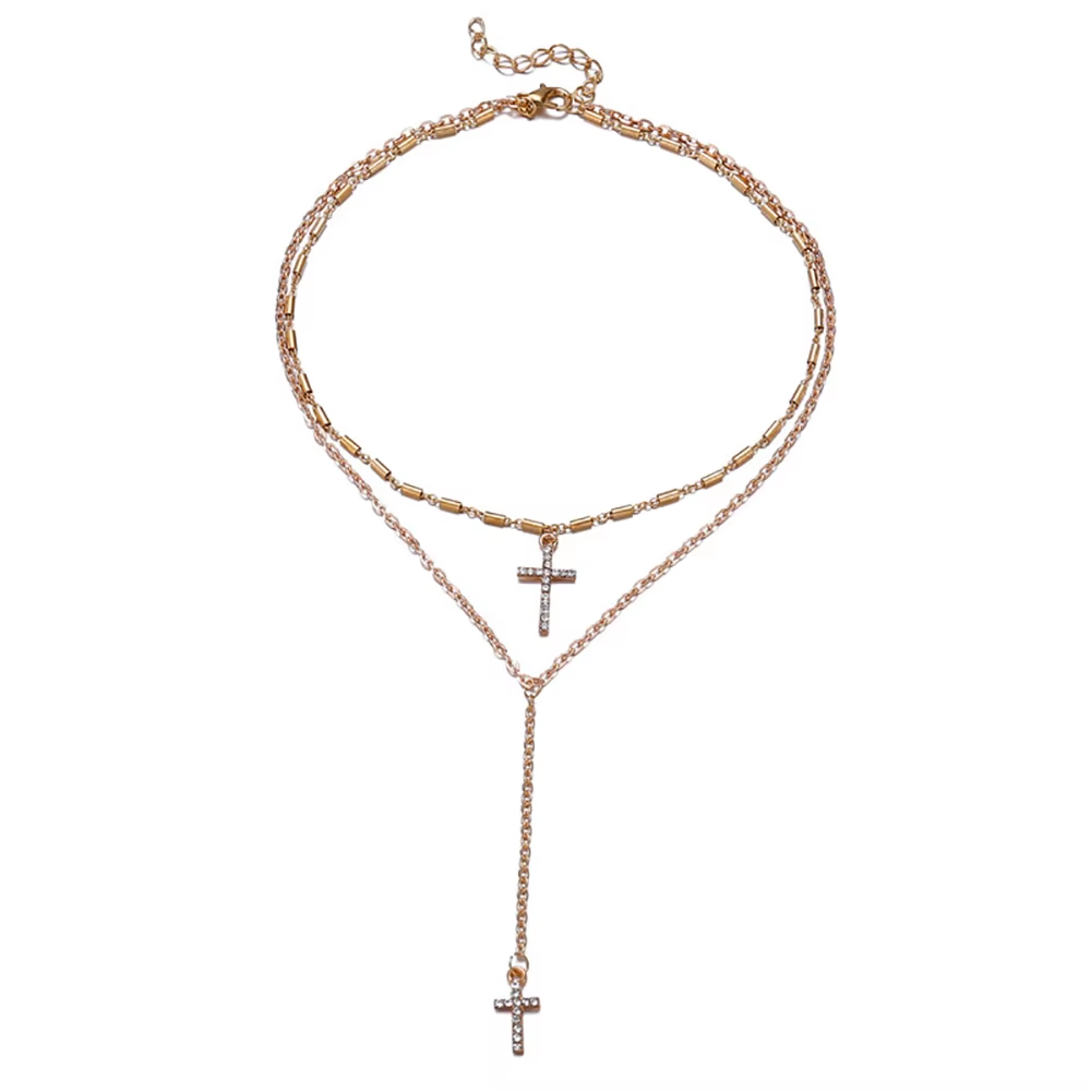 Halsband "Double Cross" med kristaller och i 18K Guldplätering - 2