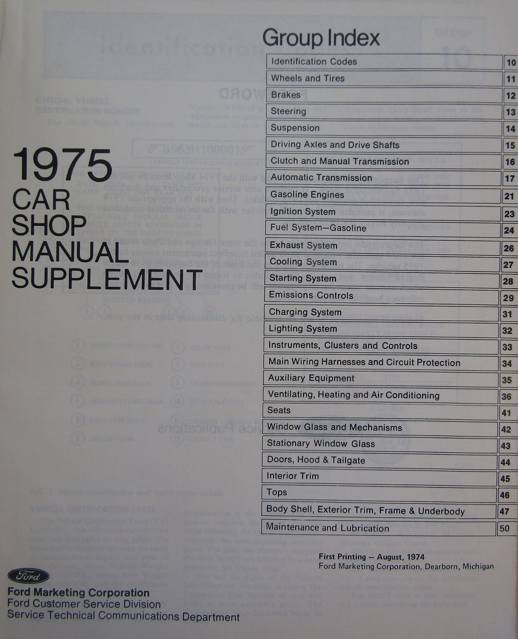 1975  Ford, Cougar, Maverick, Monarch, Bobcat, Pinto, Falcon, Montego, Mustang, Thunderbird, Elite, Torino, Ranchero, Comet, Granada, Meteor, Mercury, Lincoln Continental och Mark IV Shop Manual Supplement - 2