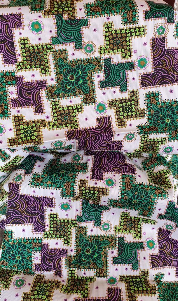 Fabric 1970s abstract pattern green, purple, brown, black on white background - 2