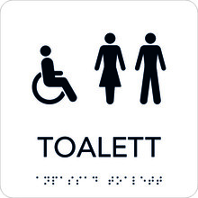 Taktil skylt 150x150mm Rullstol/toalett vit med svart text