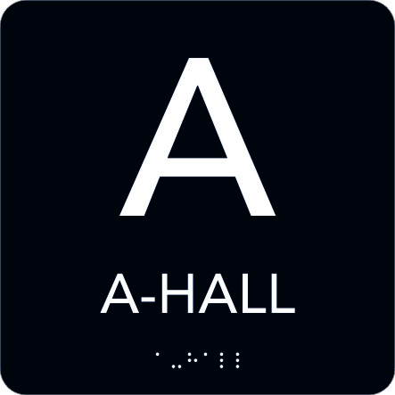 Taktil Skylt 150x150mm A-Hall, svart med vit text