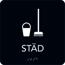 Taktil Skylt 150x150mm Städ, svart med vit text