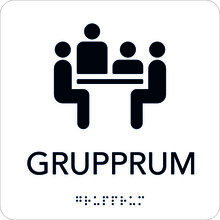 Taktil Skylt 150x150mm Grupprum, vit med svart text