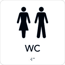 Taktil skylt 150x150mm WC Dam o Herr svart med vit text 