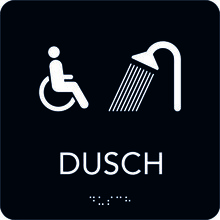 Taktil skylt 150x150mm Rullstol/Dusch, svart med vit text