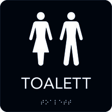 Taktil Toalett Dam o Herr svart med vit text 150x150mm