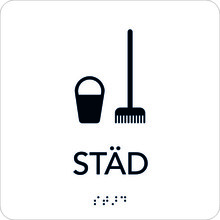 Taktil Skylt 150x150mm Städ, vit med svart text