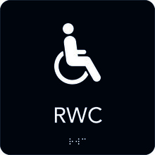 Taktil skylt 150x150mm RWC rullstol svart med vit text