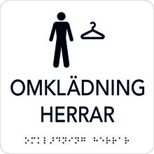 Taktil Skylt 150x150mm Omklädning herrar, vit med svart text