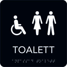 Taktil skylt 150x150mm Rullstol/toalett svart med vit text