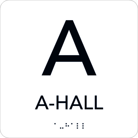 Taktil Skylt 150x150mm A-hall, vit med svart text