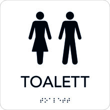 Taktil skylt 150x150mm  Toalett Dam o Herr vit med svart text