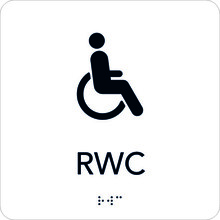 Taktil skylt 150x150mm RWC Rullstol vit med svart text