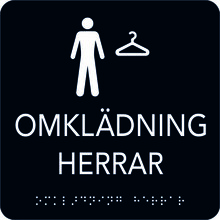 Taktil Skylt 150x150mm Omklädning herrar, svart med vit med 