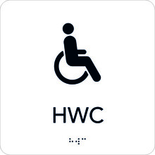 Taktil skylt 150x150mm HWC handikapp vit med svart text