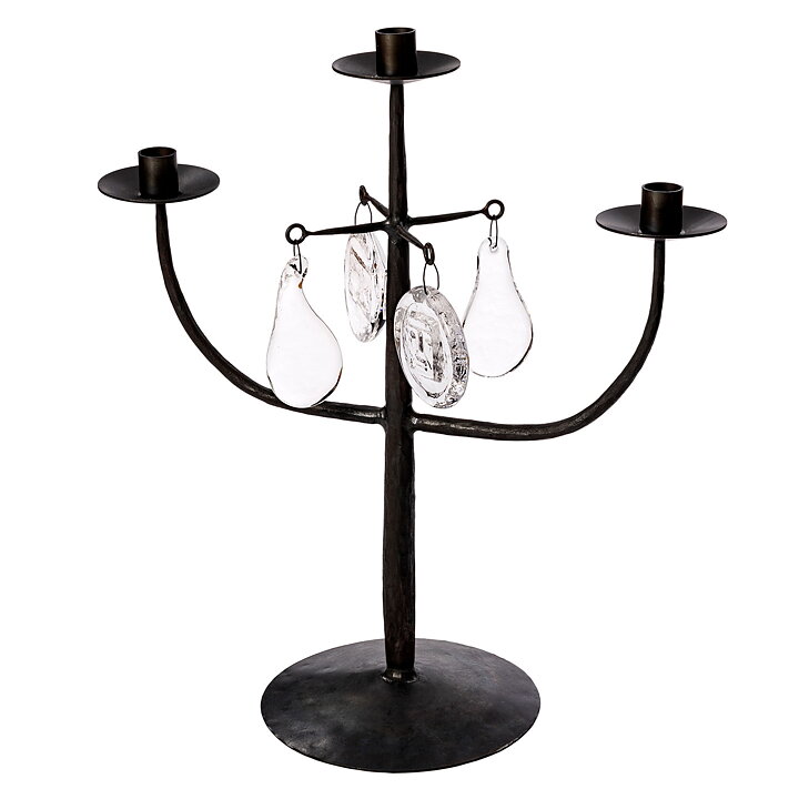 Erik Höglund (1960s) Wrought Iron Candleholder with 3 Arms and 4 Clear Glass Medallions 46 cm SH8