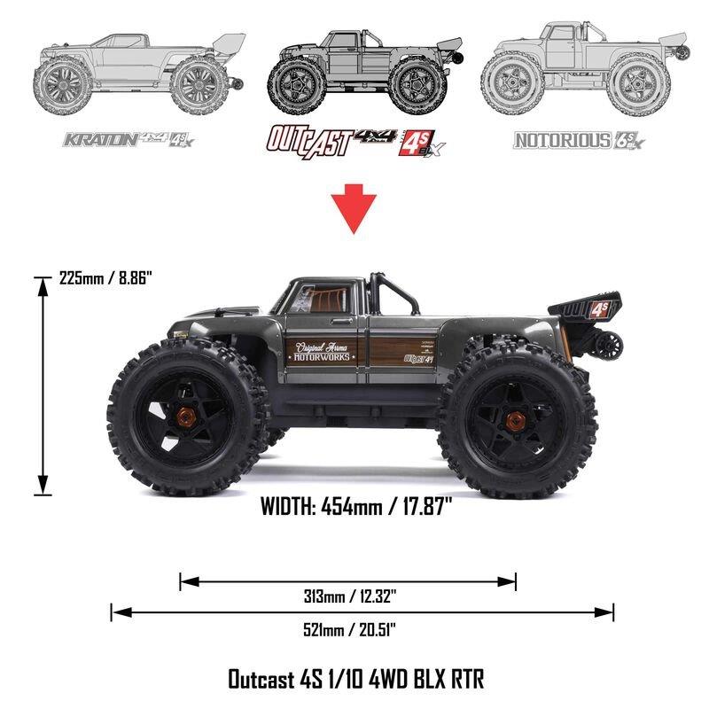 ARRMA 1/10 OUTCAST 4X4 4S V2 BLX Stunt Truck RTR, Gunmetal - 19
