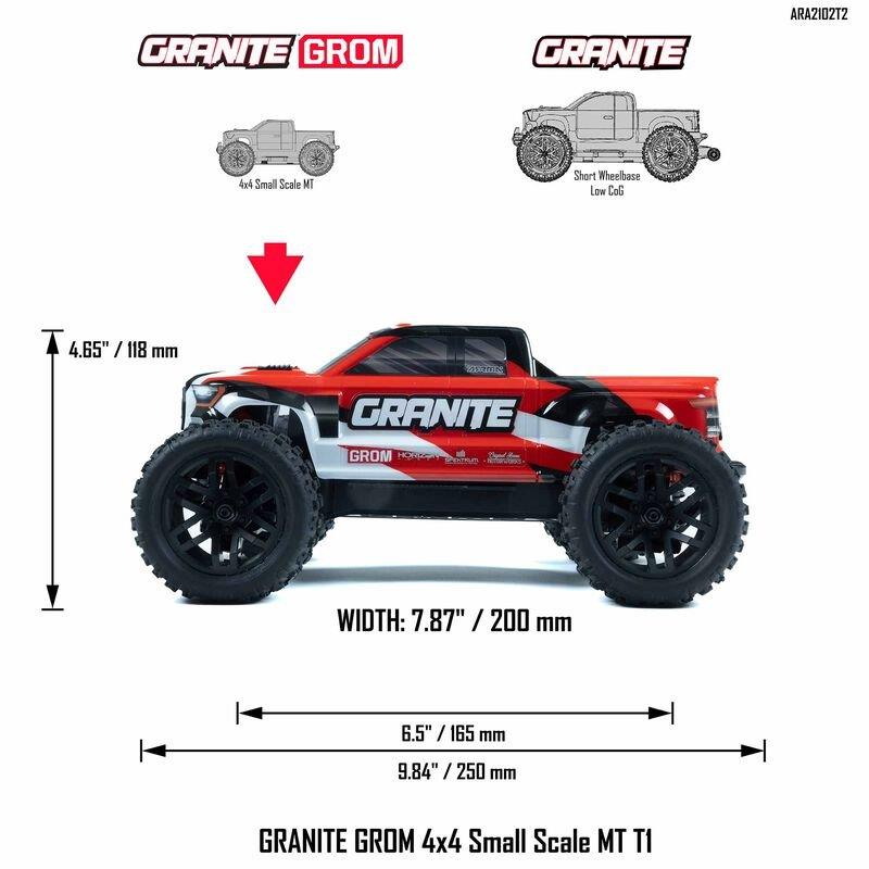 ARRMA 1/18 GRANITE GROM MEGA 380 Brushed 4X4 MT RTR with Battery & Charger, Red - 19
