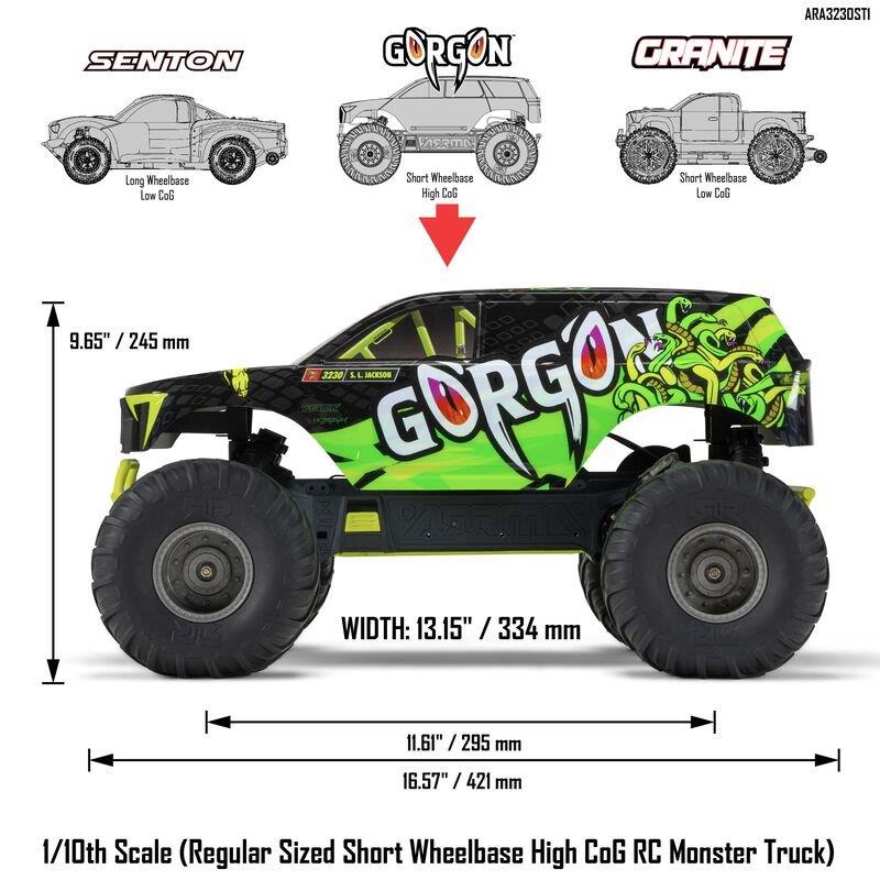 ARRMA 1/10 GORGON 4X2 MEGA 550 Brushed MT RTR with Battery & Charger, Yellow - 27