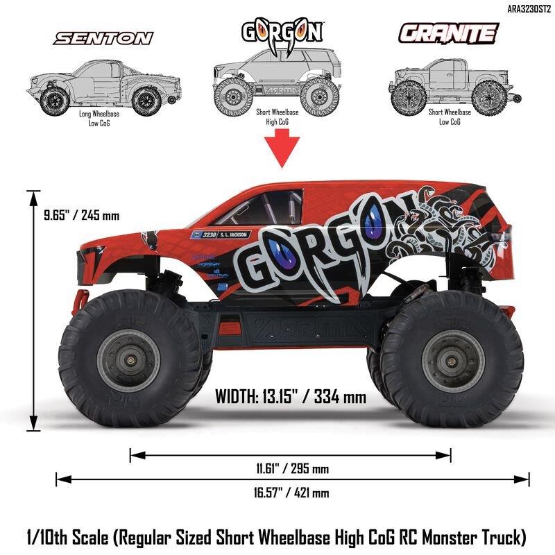 ARRMA 1/10 GORGON 4X2 MEGA 550 Brushed MT RTR with Battery & Charger, Red - 27