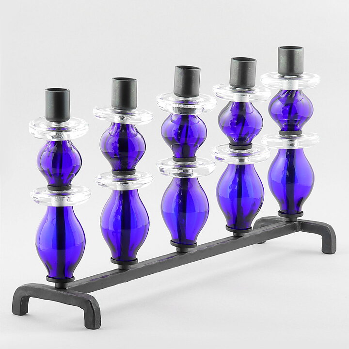 Erik Höglund (1960s) Wrought Iron Candleholder with Blue/Clear Glass Sections 46 cm